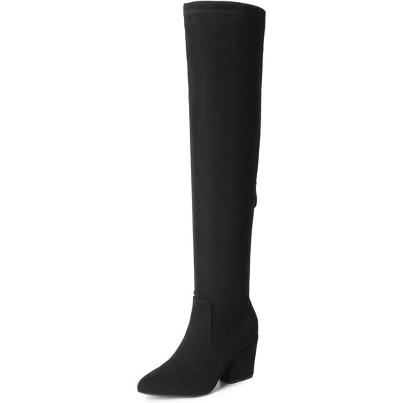 Women Faux Suede Black-suede Chunky Blocked Heel Thigh High Pointed Toe Boots - Picture 1 of 8